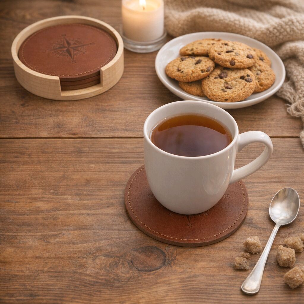 High-angle view of a mug of tea on a leather compass coaster with sugar cubes, a lit candle, chocolate chip cookies, and a knit blanket on a dark wooden table